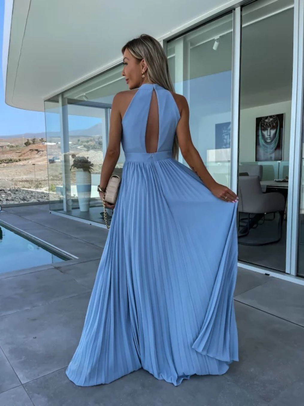 Sexy Solid  Hanging Neck Press Pleats Dress