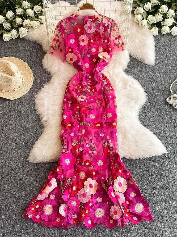 Summer High-end Embroidery Lace 3D Flower Short Sleeve Long Dress