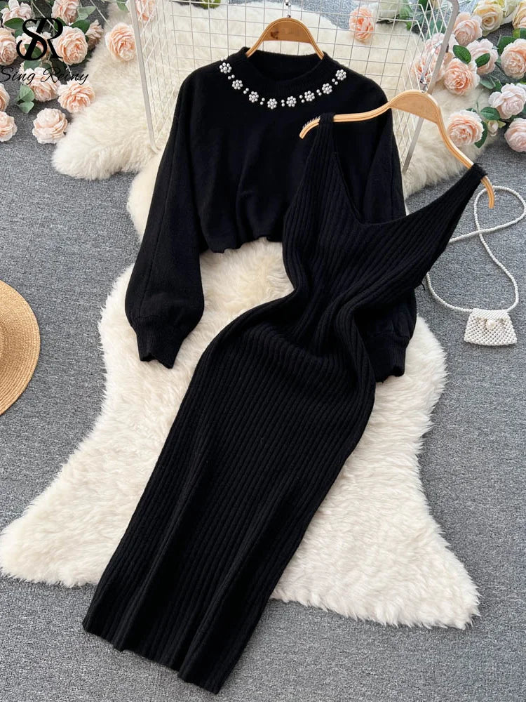 Winter Knitted Fashion Breading Long Sleeve Pearl Sweater+Knitted Camis Dress Sets