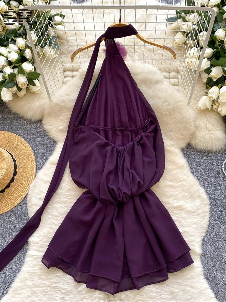 Summer Pleated Sleeveless Irregular Halter Sundress