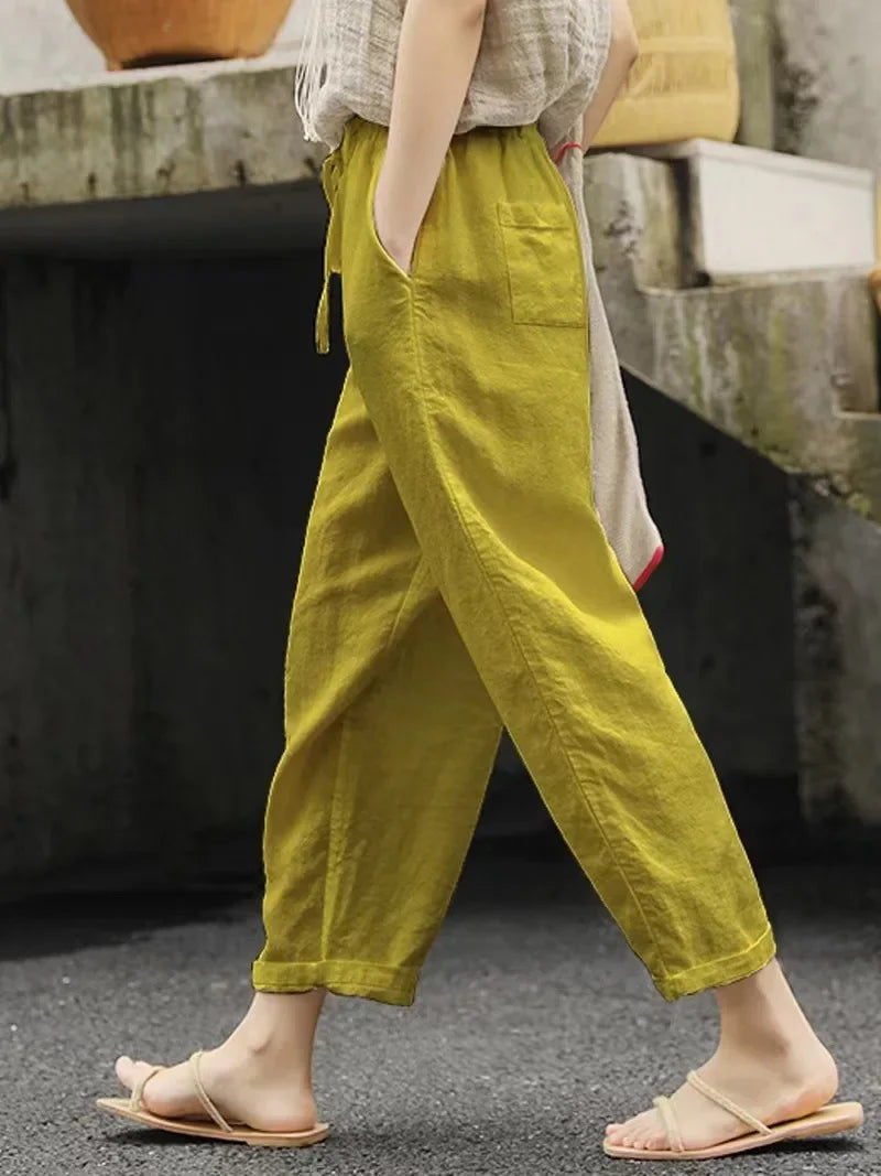 2026 Cotton Linen Loose Casual Solid Simple Drawstring Pockets Straight Leg Pants