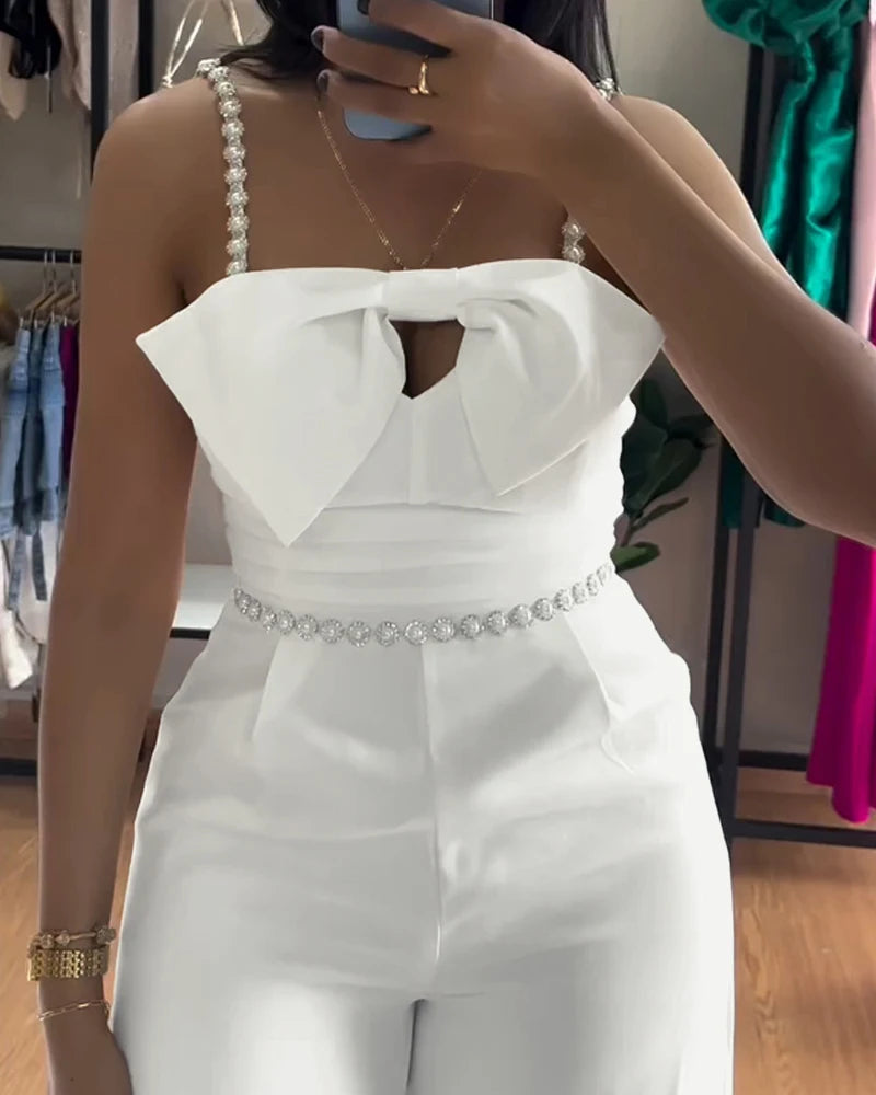 New Bandeau Beaded Spaghetti Strap Bowknot Design Ruched Slim Fit Jumpsuit
