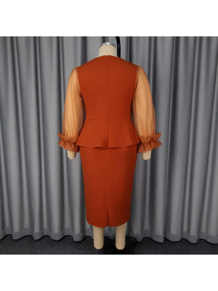 Elegant 2026 Summer African Long Sleeve V-neck Mesh Polyester Bodycon Midi Dress