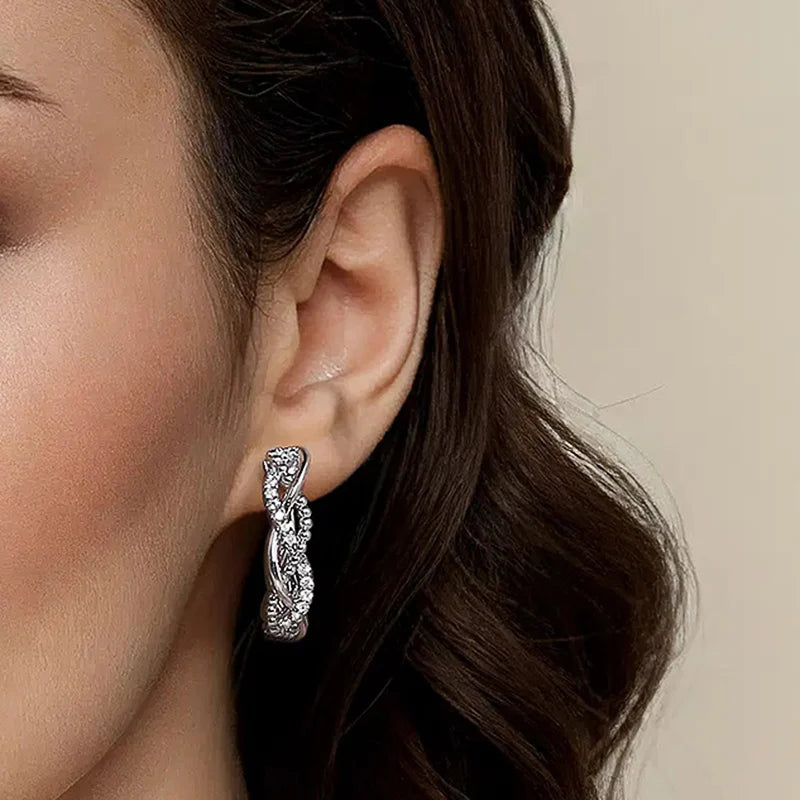 Silver Color Twist Design Hoop Earrings with Dazzling CZ