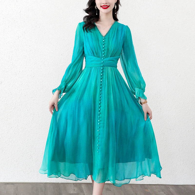 Summer New Long sleeved V-Neck French Silk Lace Splice Printed Waist Slim Over Knee Long Dress
