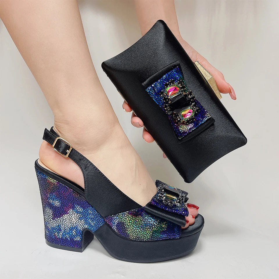 Fashionable Top Italian Design Elegant Bowknot Rhinestone Clutch Bag and Platform Chunky High Heel Sandals