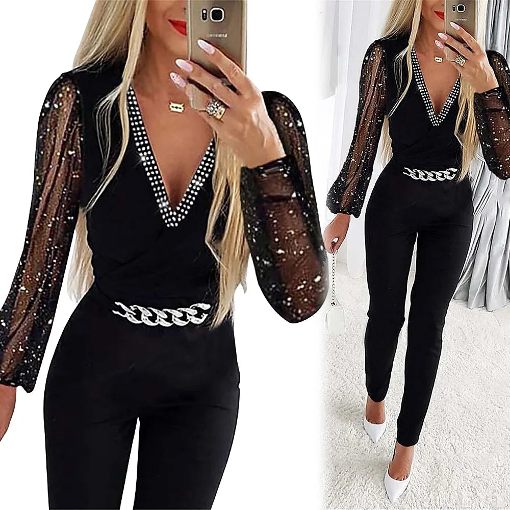 V Neck Full Sleeve Tight High Waist Overalls Casual Sheath Long Pencil Jumper