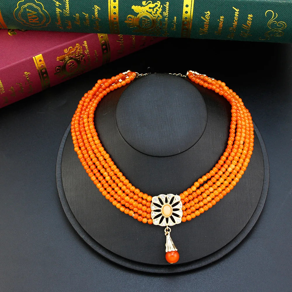 Gold Color Caftan Waist Chain Belt Orange Bead Choker Necklace Drop Earring Brooch