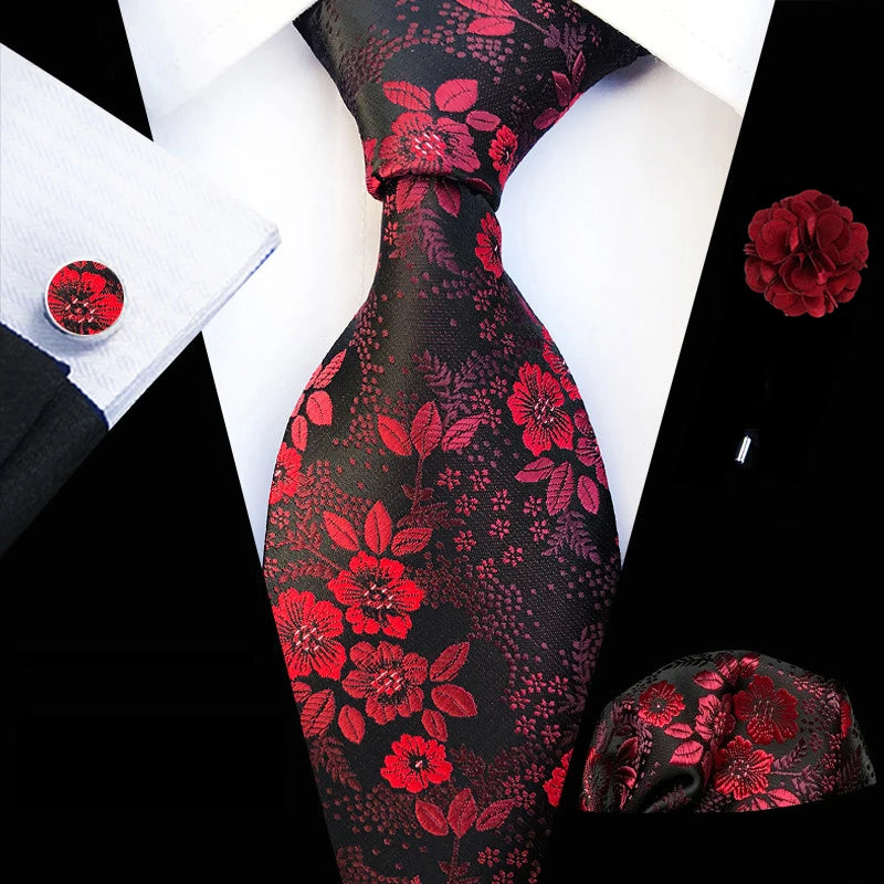 Floral  Neck Tie Set Handkerchief Brooch Cufflinks Men Accessories