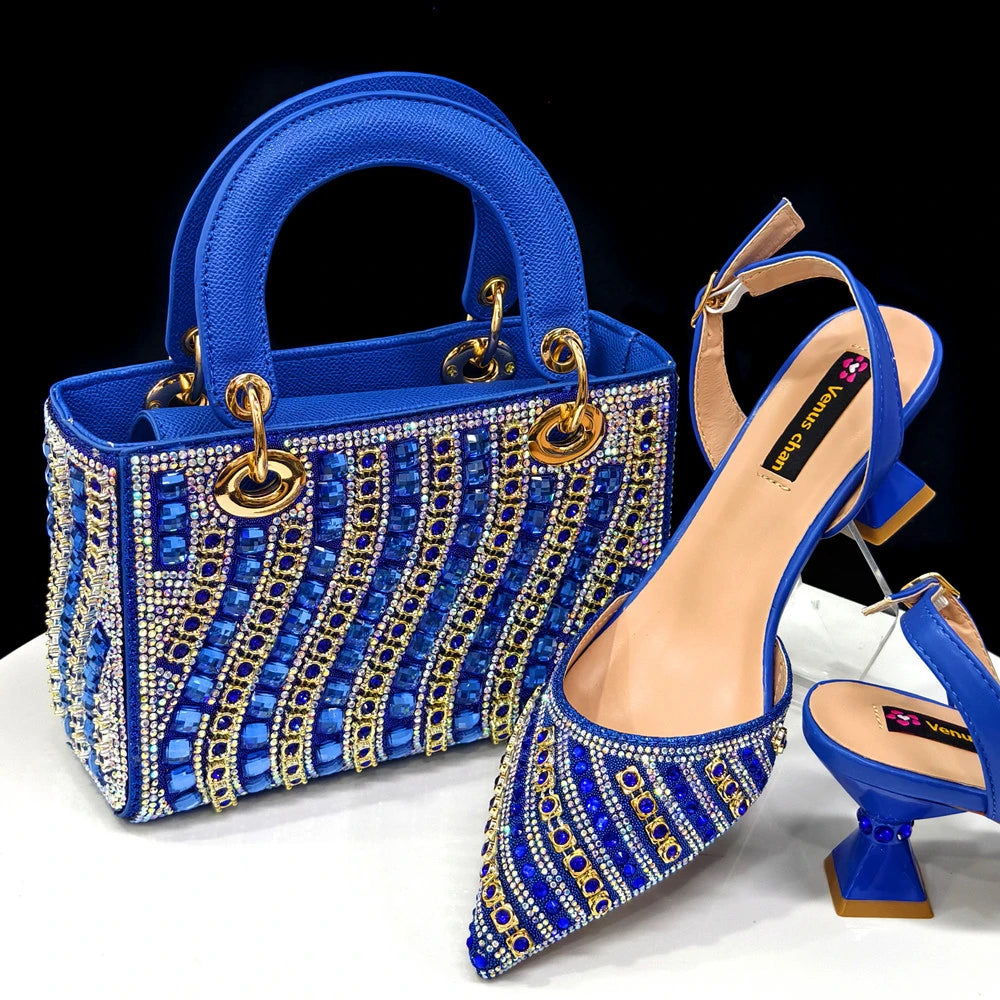 Shiny Italian Fashion Pointed Toe Heels & Rhinestone Bag Set