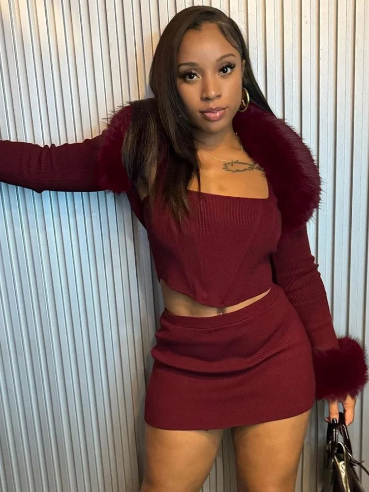 Fashionable Quilted Wool Collar Undergarment Strapless Sexy Figure Hugging Short Skirt