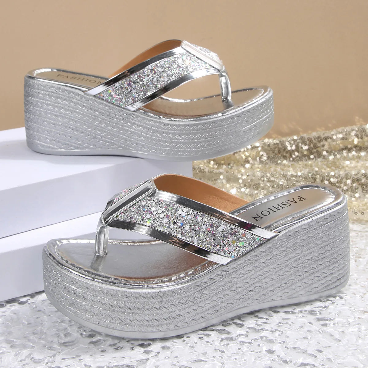 2026 Summer Plus Size Sequin Platform Wedge Sandals