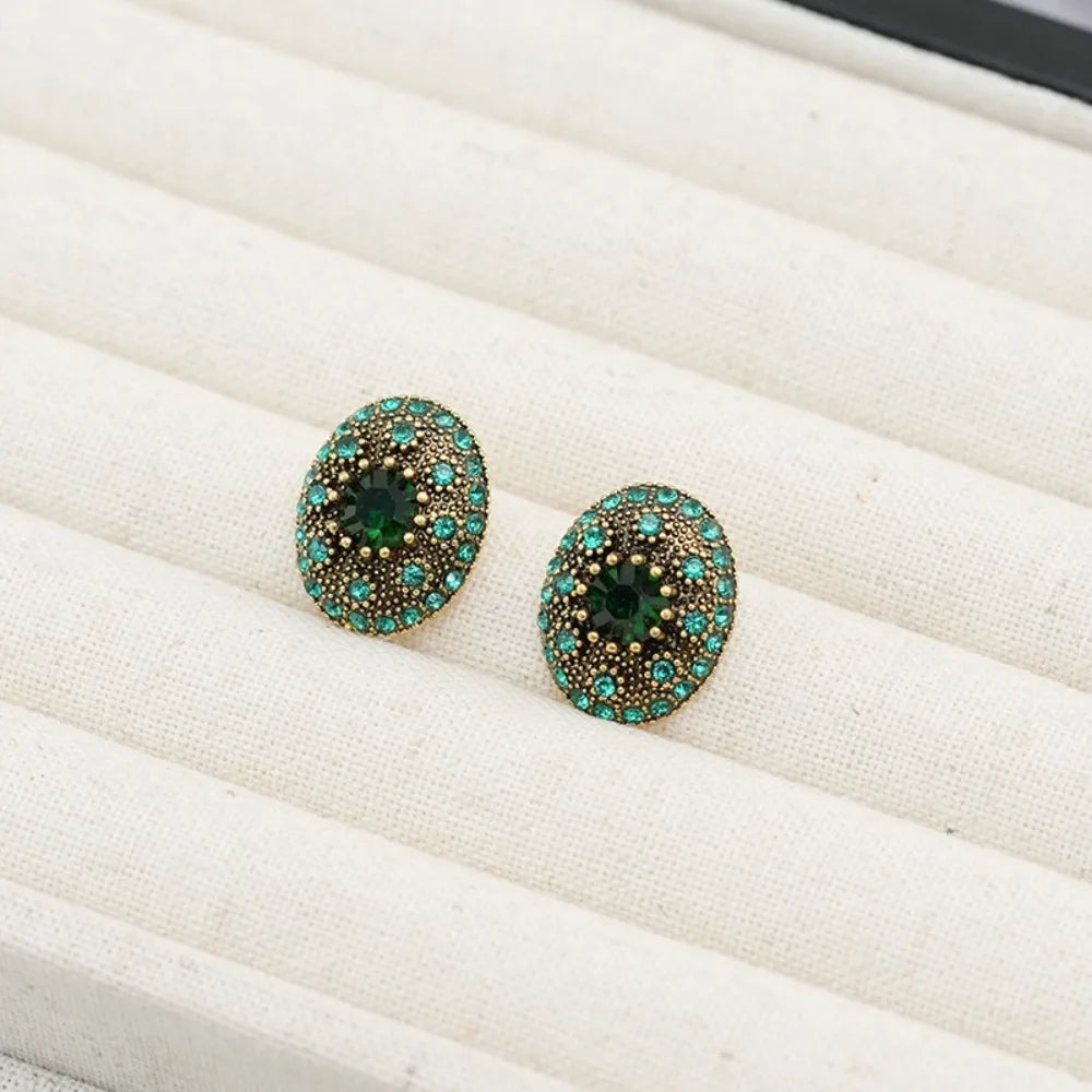 New Retro Romantic Green Oval Zircon Stud Earrings – Luxury Geometry Elegance