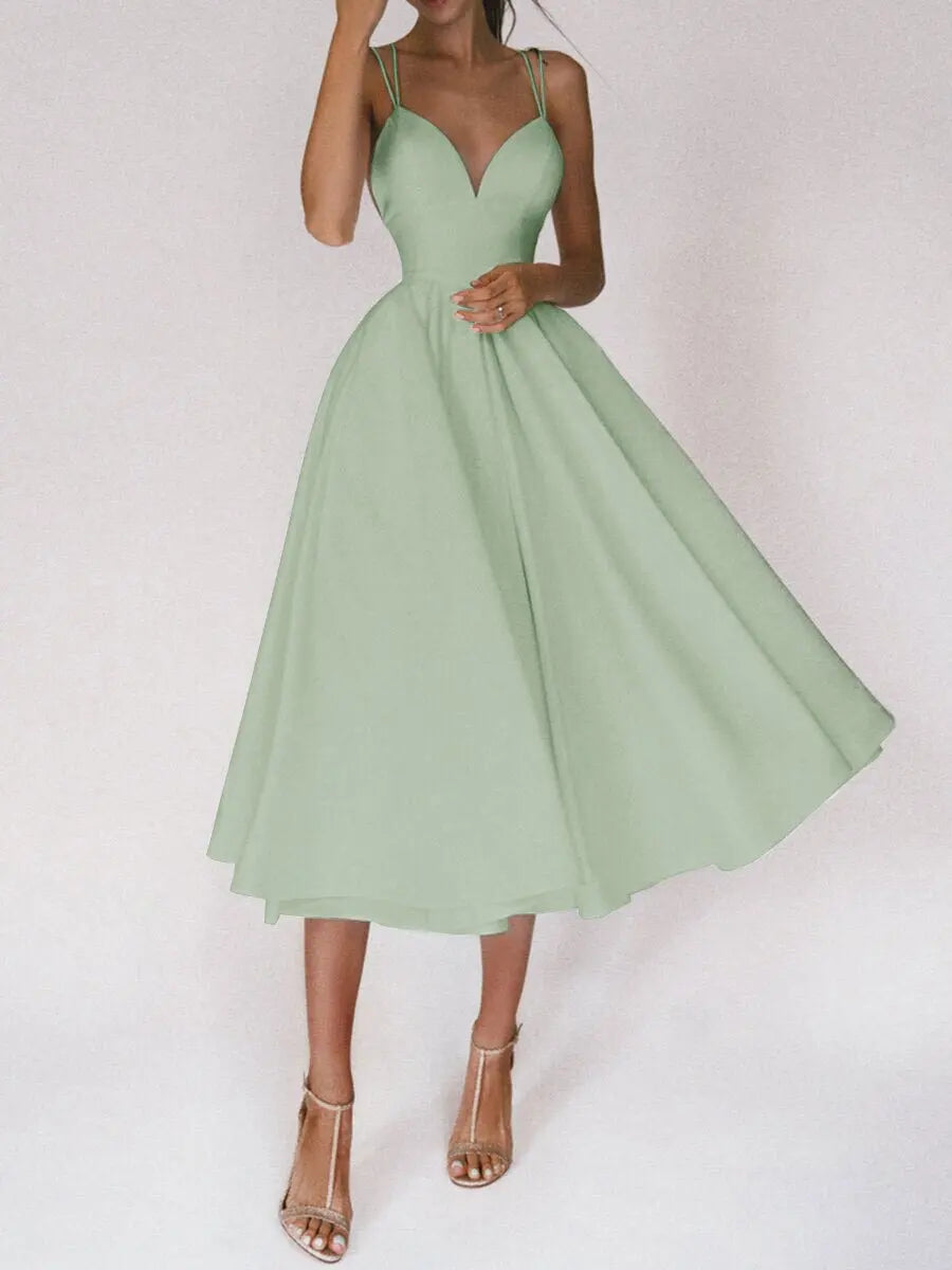 New Spaghetti Strap Solid Color Sexy V-neck Backless Dress