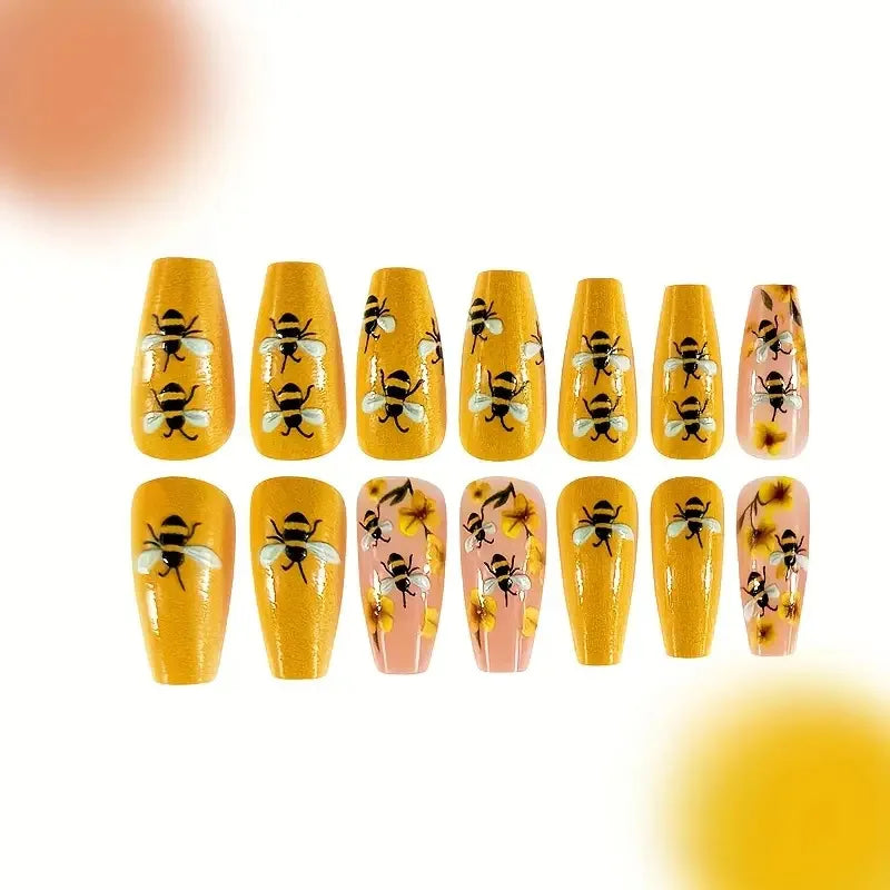 Bee Floral Press-On Nails – Medium Coffin Ballet Tips with Flower Design