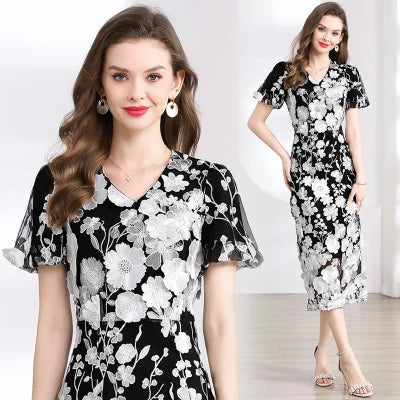 Summer High-end Embroidery Lace 3D Flower Short Sleeve Long Dress