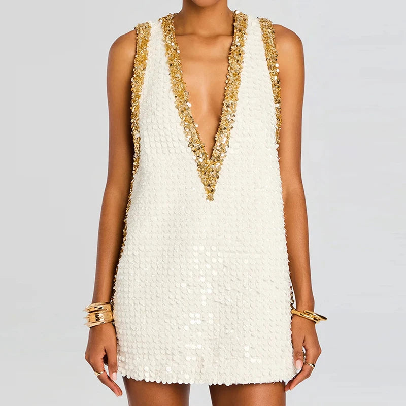 New Women Summer Deep V Neck Sequins Patchwork Mini Dress