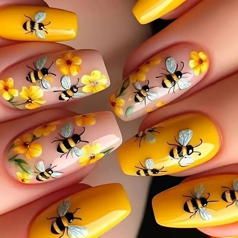 Bee Floral Press-On Nails – Medium Coffin Ballet Tips with Flower Design