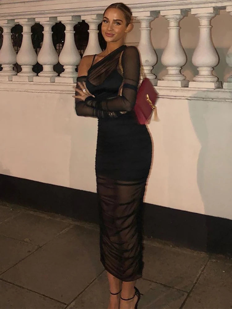 Mesh See Through Sexy Casual Slim Camisole Black Bodycon Skirts