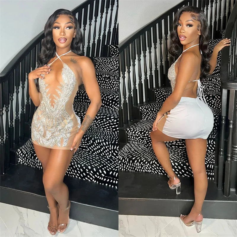 Mesh See Through Halter V-neck Backless Sexy Bodycon Mini Dress