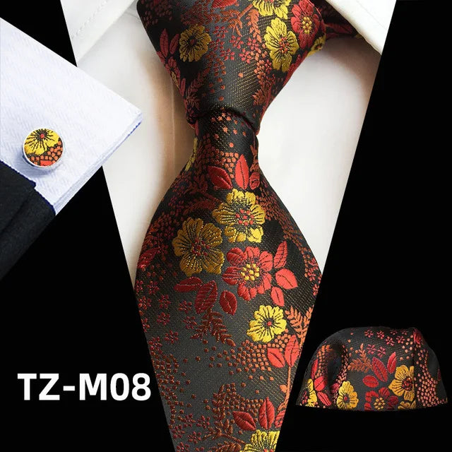 Floral  Neck Tie Set Handkerchief Brooch Cufflinks Men Accessories
