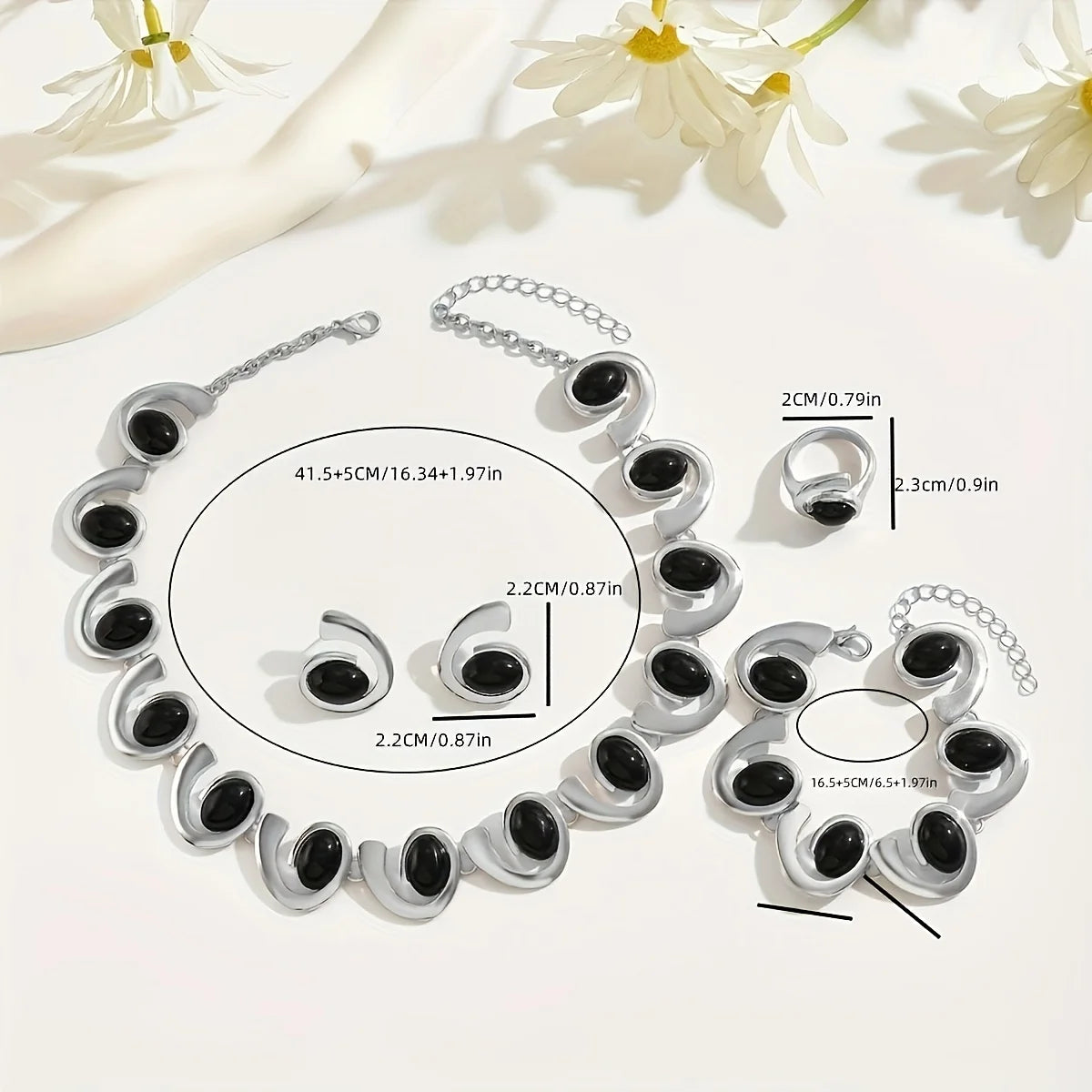 ✨ 4-Piece Silver Geometric Jewelry Set – Necklace, Earrings, Bracelet & Ring