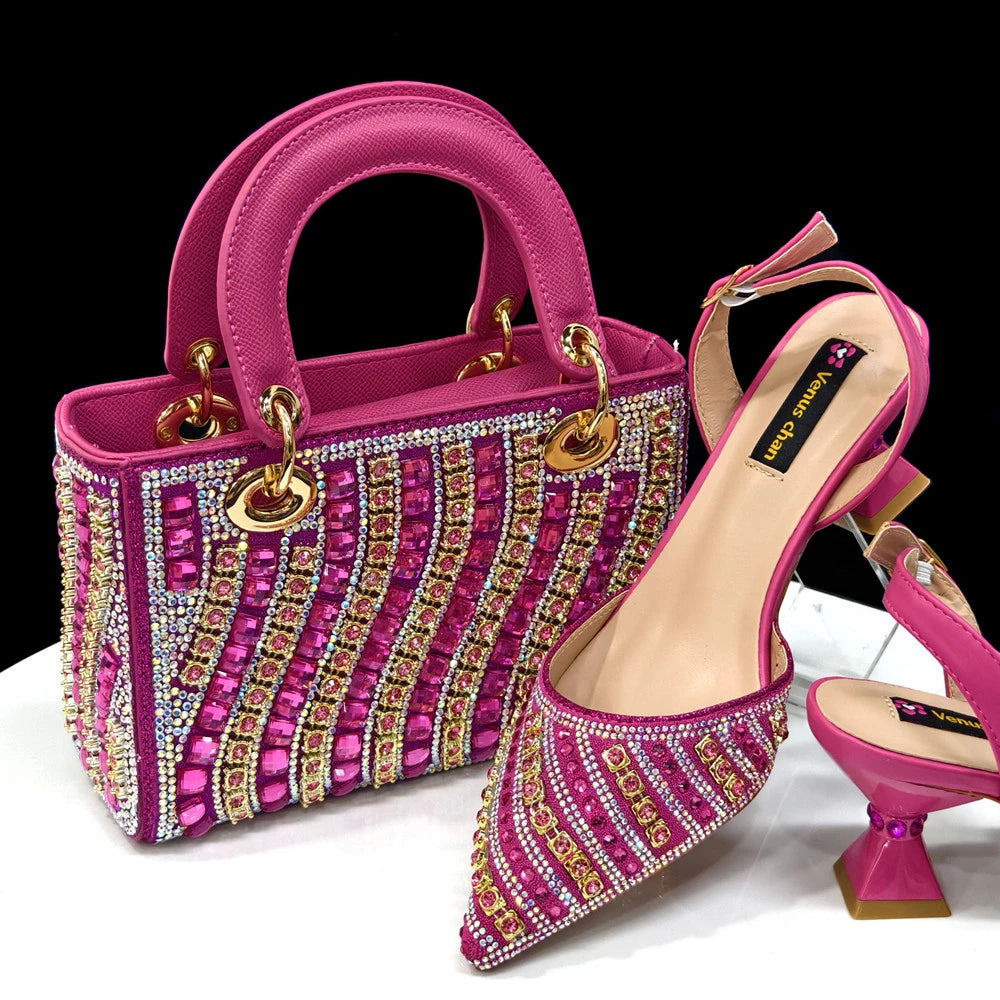 Shiny Italian Fashion Pointed Toe Heels & Rhinestone Bag Set