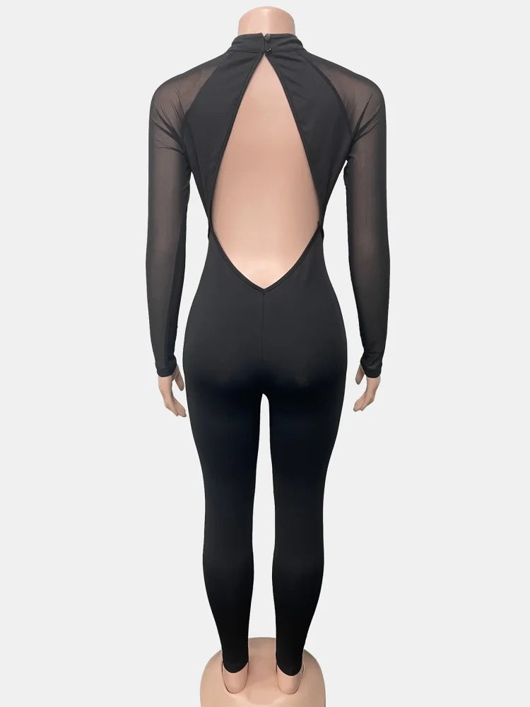 Sexy Backless Deep V Long Sleeve Solid Color Tight One Piece Outfits