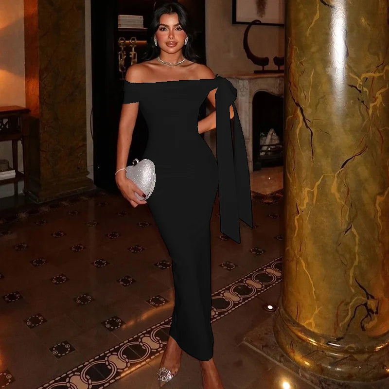 Long Tunics Slim and Elegant Off Shoulder Strapless Lace Up Dress