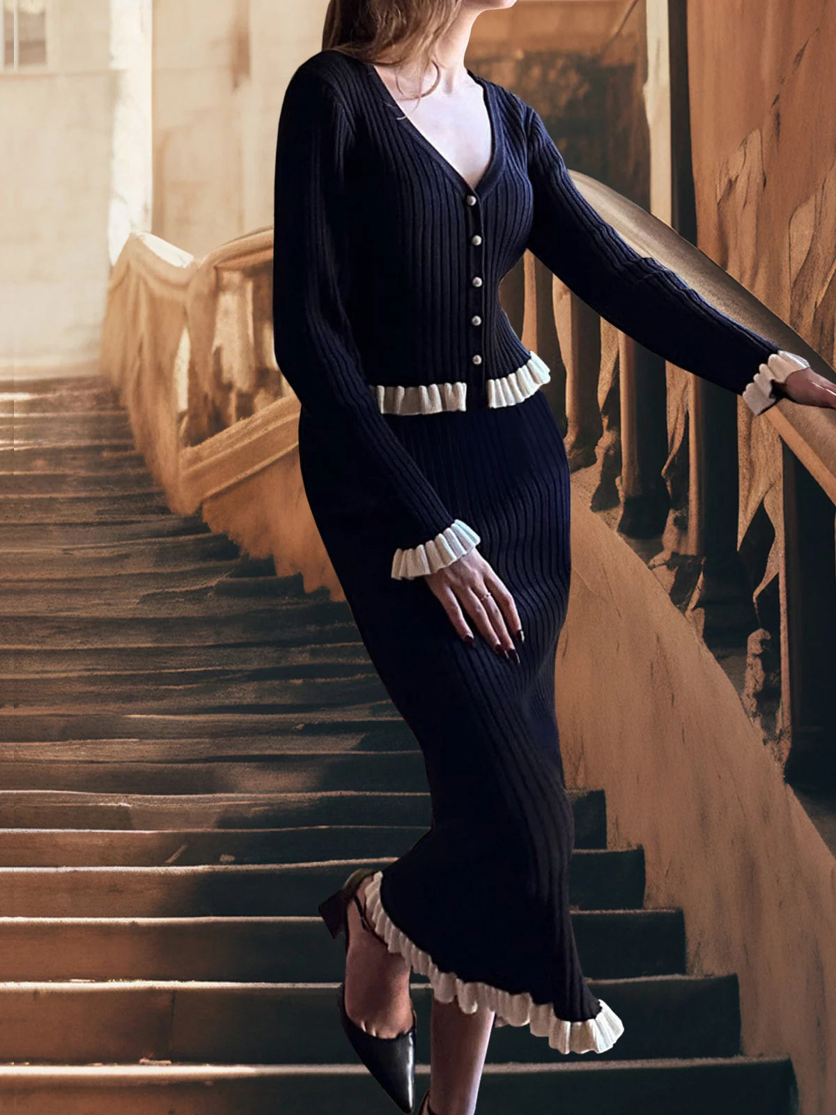 Long Sleeve Top And Long Skirt Set 2 Piece Elegant Outfits