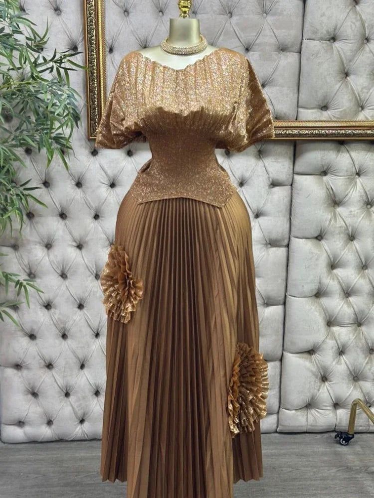 Fashion V Neck Short Batwing Half Sleeved Irregular Hem Top + 3D Flowers A-line Folds Skirt