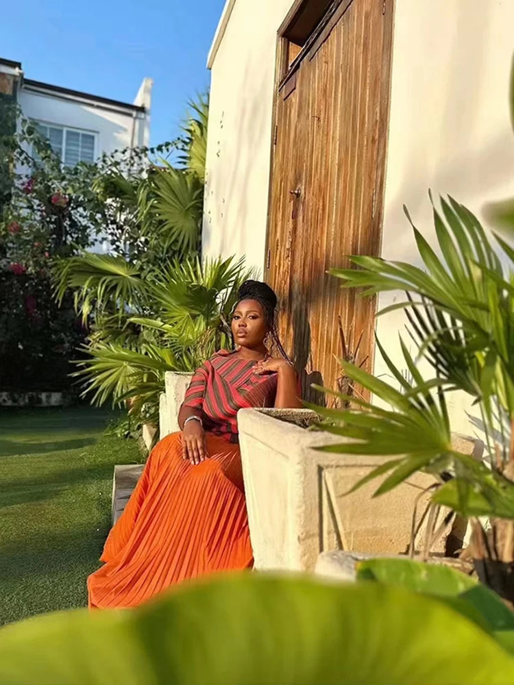 Striped Pleated Contrast Color Irregular Belt Tops + Long Pants