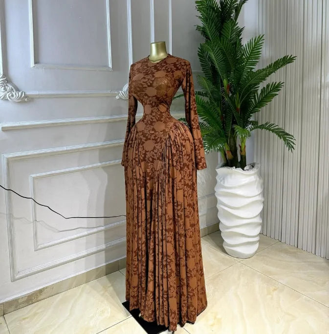 Lace Up O-neck Long Sleeve Big Swing A-line Maxi Dress