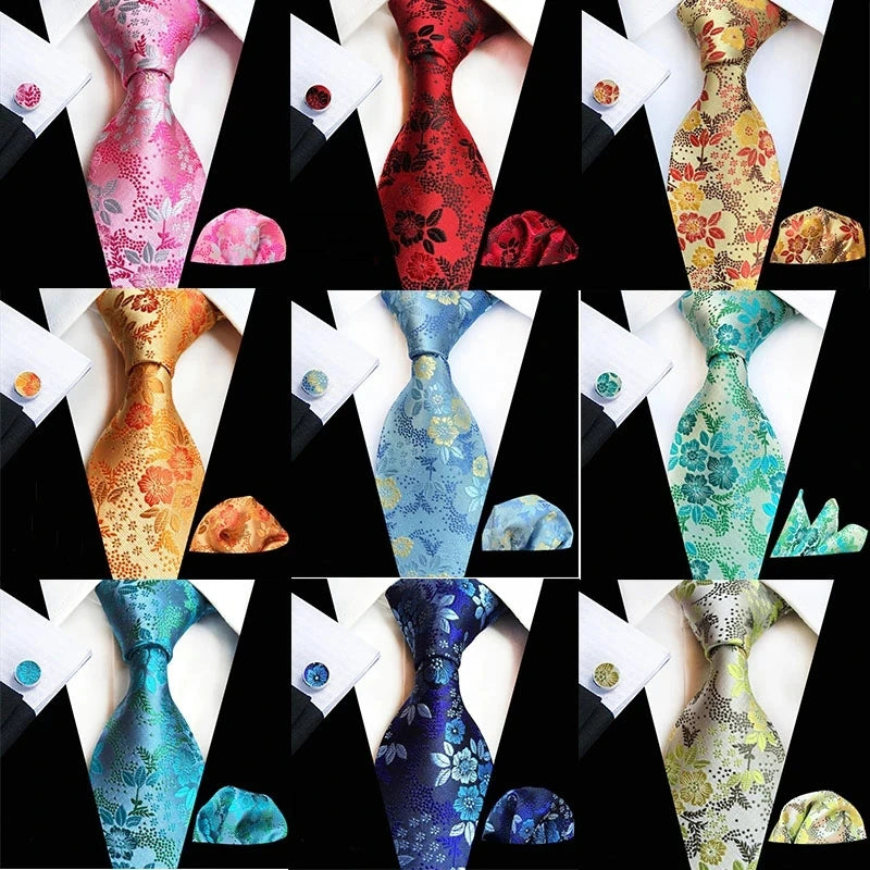 Floral  Neck Tie Set Handkerchief Brooch Cufflinks Men Accessories