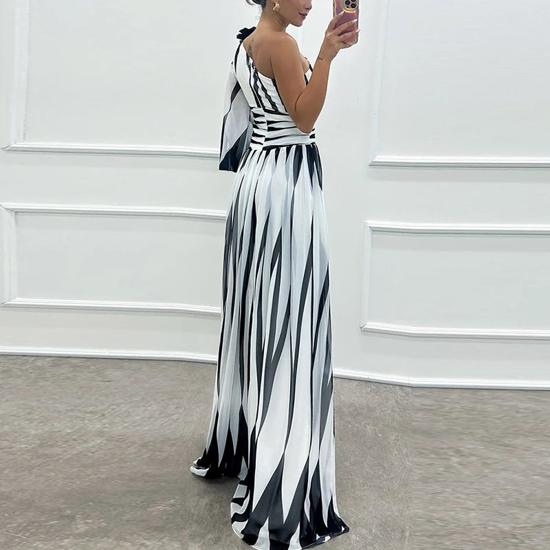 Sexy Spilt Waist Chiffon Stripe Print Asymmetric Long Dress