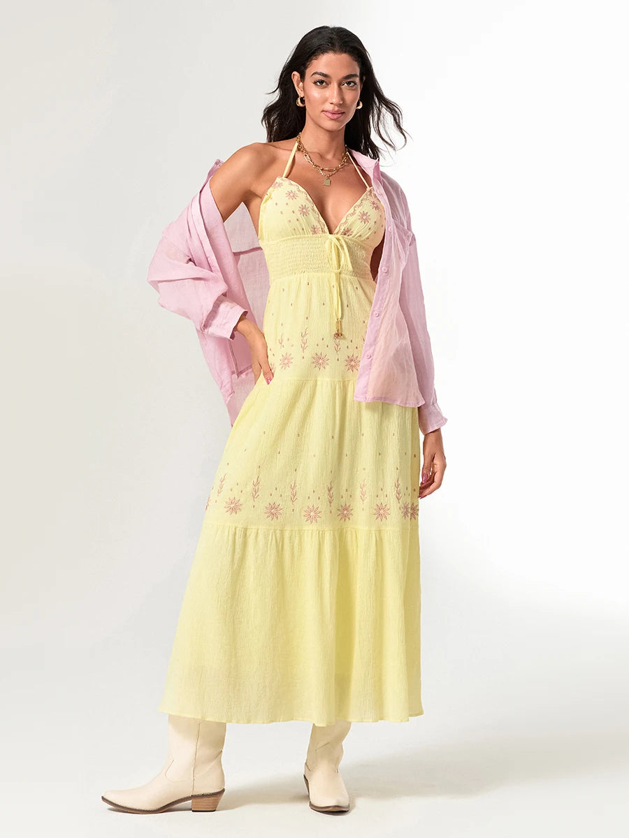 Summer Casual Flower Embroidery Tie-Up Halter Neck Sleeveless Dress