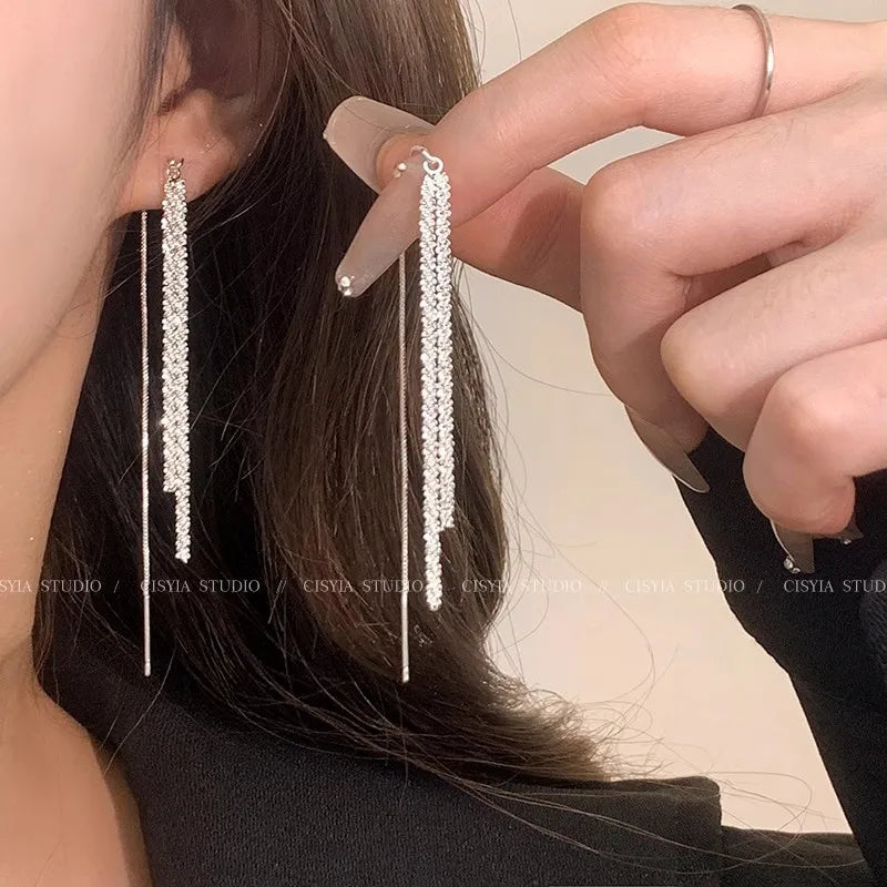 Classic Fashion Long Tassels Shiny Silver Color Drop Dangle Earrings