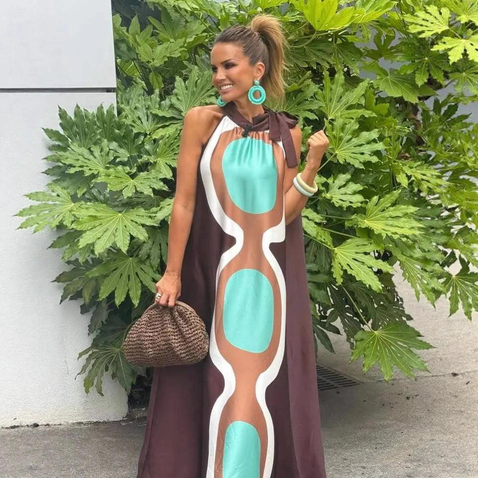 Casual Print Halter Neck Lace‑Up Maxi Dress