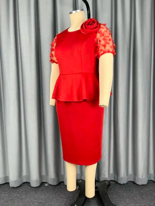 Elegant Church O Neck Sheer Sleeves with 3D Flower Classy Big Flower Peplum Dress