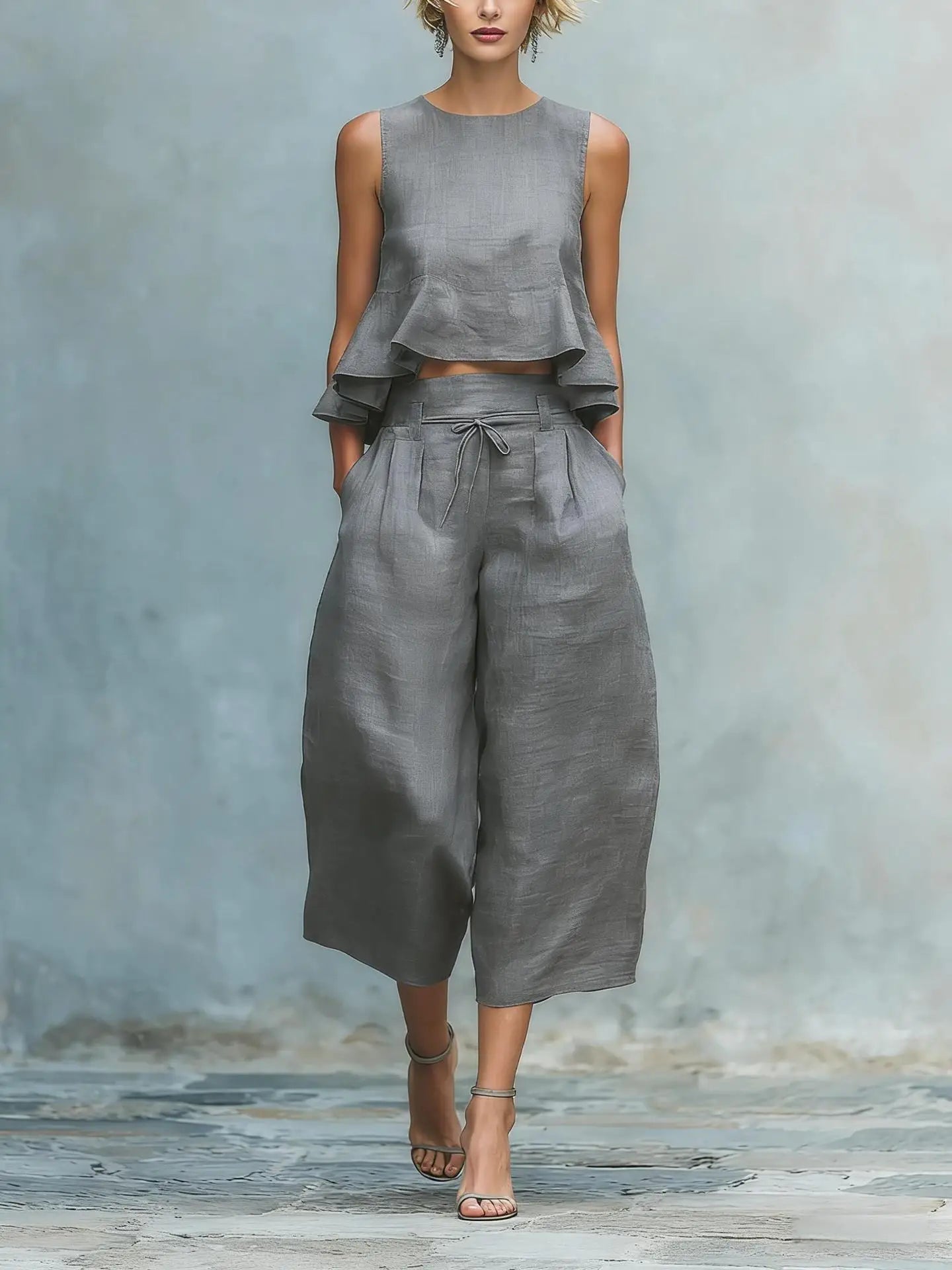 Elegant O-neck Sleeveless Top & Long Pant Cotton Linen Set for Women Summer Outfits