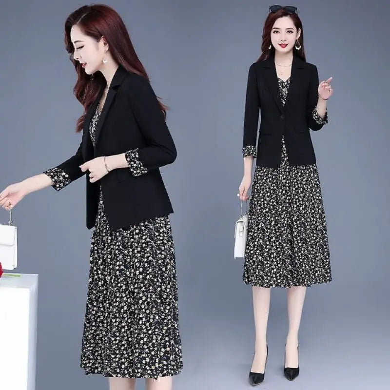 Spring Autumn New Suit Coat Floral Sling Dress Two-pieceJacket Skirt Set