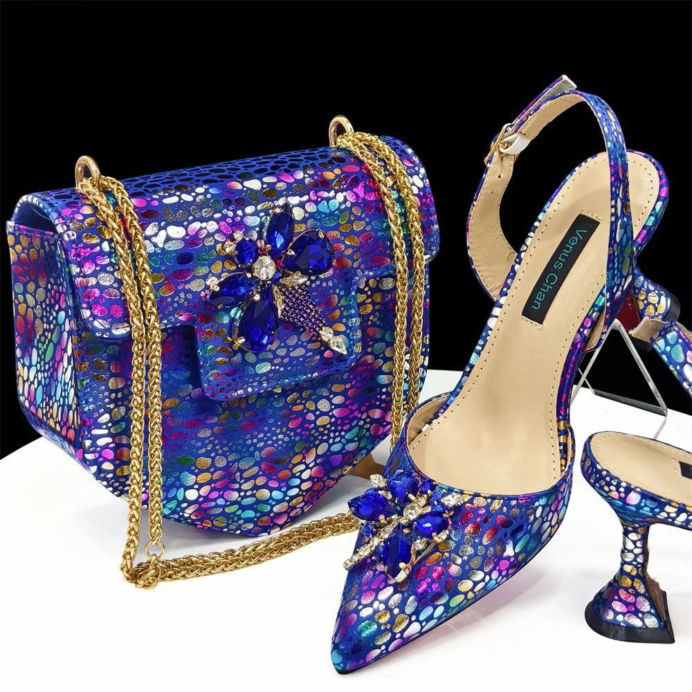 Champagne Color Thin Heels Pointed Toe Crystal Design Ladies Shoes Matching Bag Set