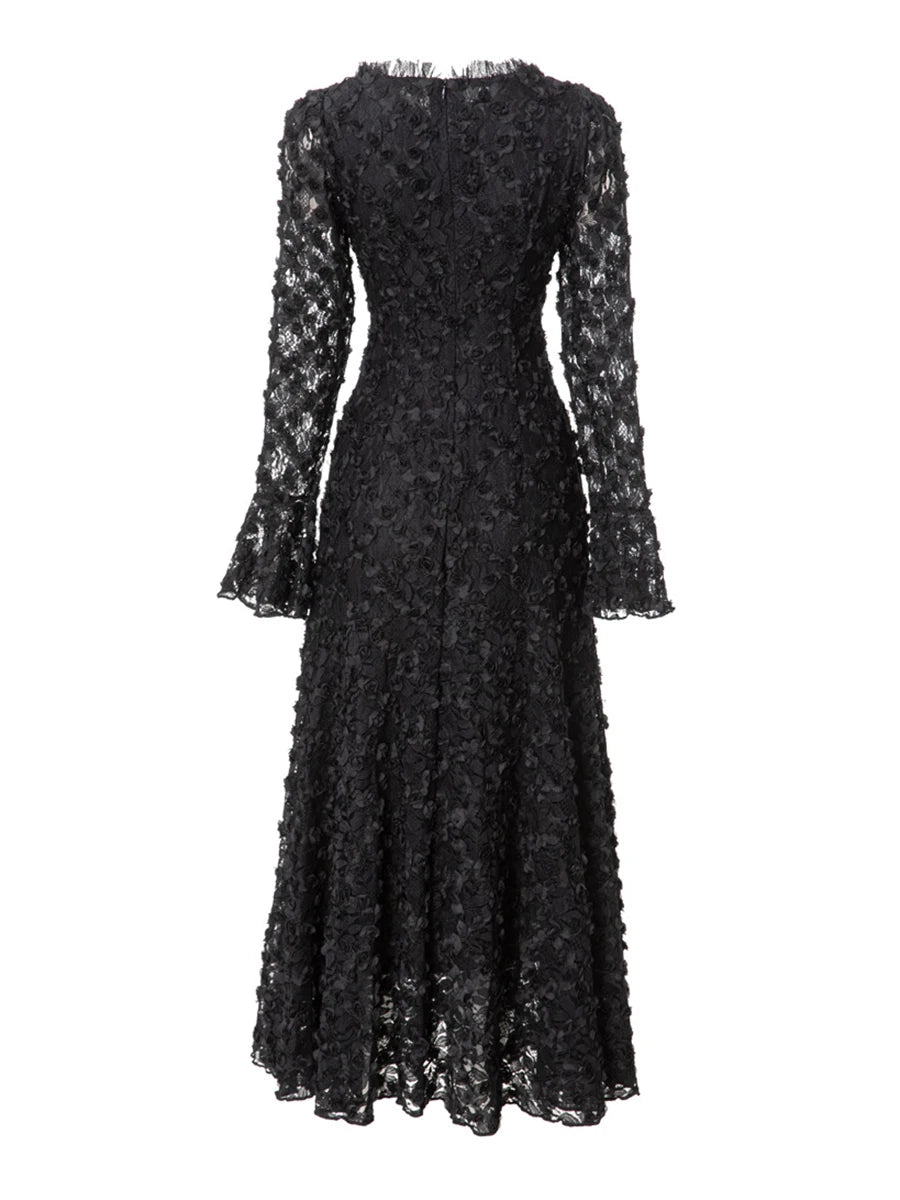 Solid Spliced Button O Neck Long Sleeve High Waist  Dress F