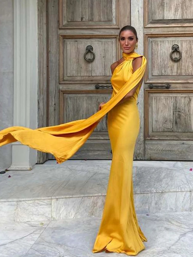 Sexy Satin Ribbon Sleeveless Backless Off Shoulder Bodycon Long Dress