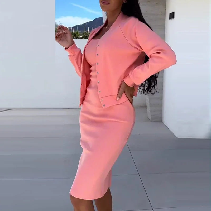 Autumn Winter  Elegant Solid Bodycon Dresses Coat Matching Set