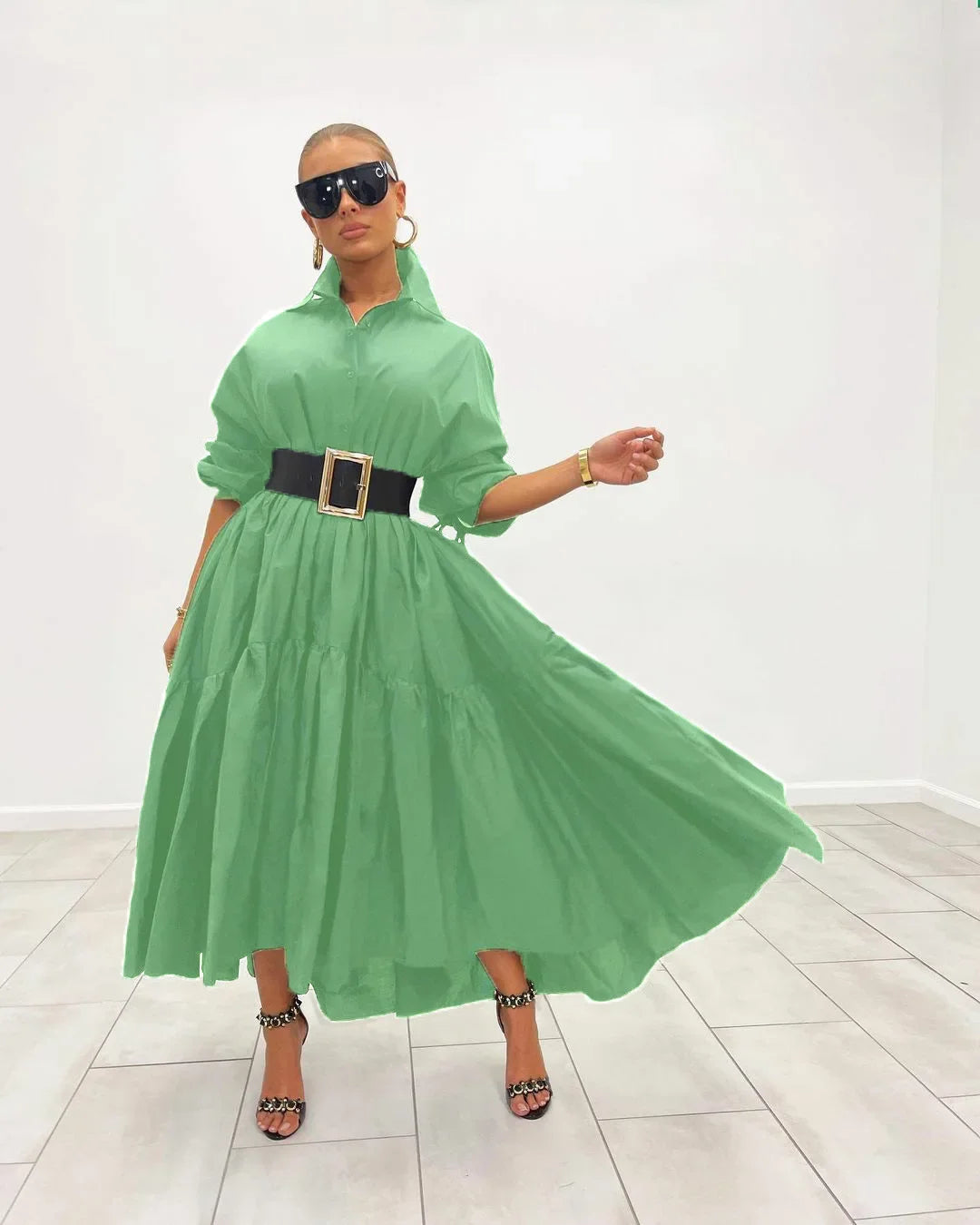 Turn Down Collar Button Vintage Loose  Casual Belt A Line Summer Maxi Dress