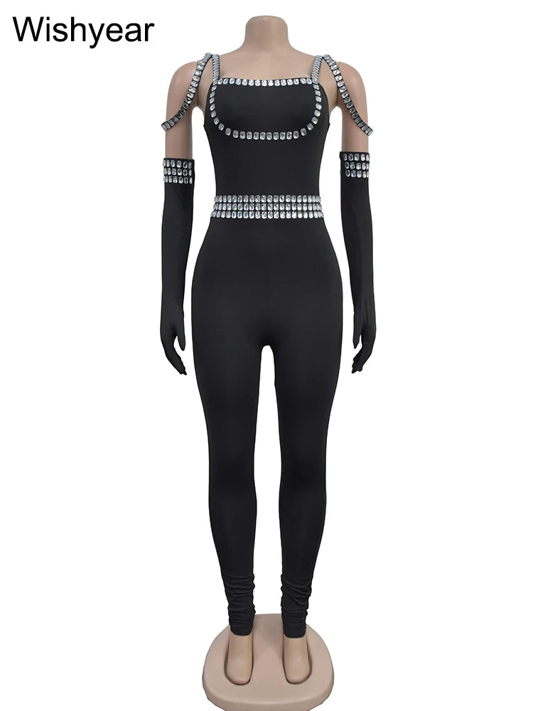 Sexy Backless Rhinestone Bodycon One Piece JumpsuitvWith Gloves