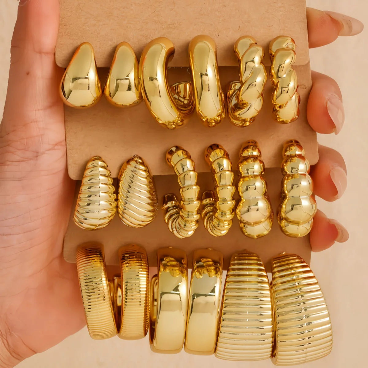 9-Pair Golden Resin Earrings Set – Starfish, Seashell &amp; Textured C-Shape Collection