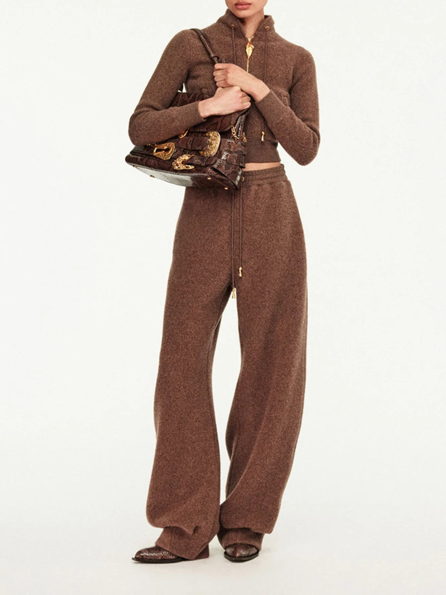 Loose Casual  Stand Neck Long Sleeves Short Top High Waist Pant