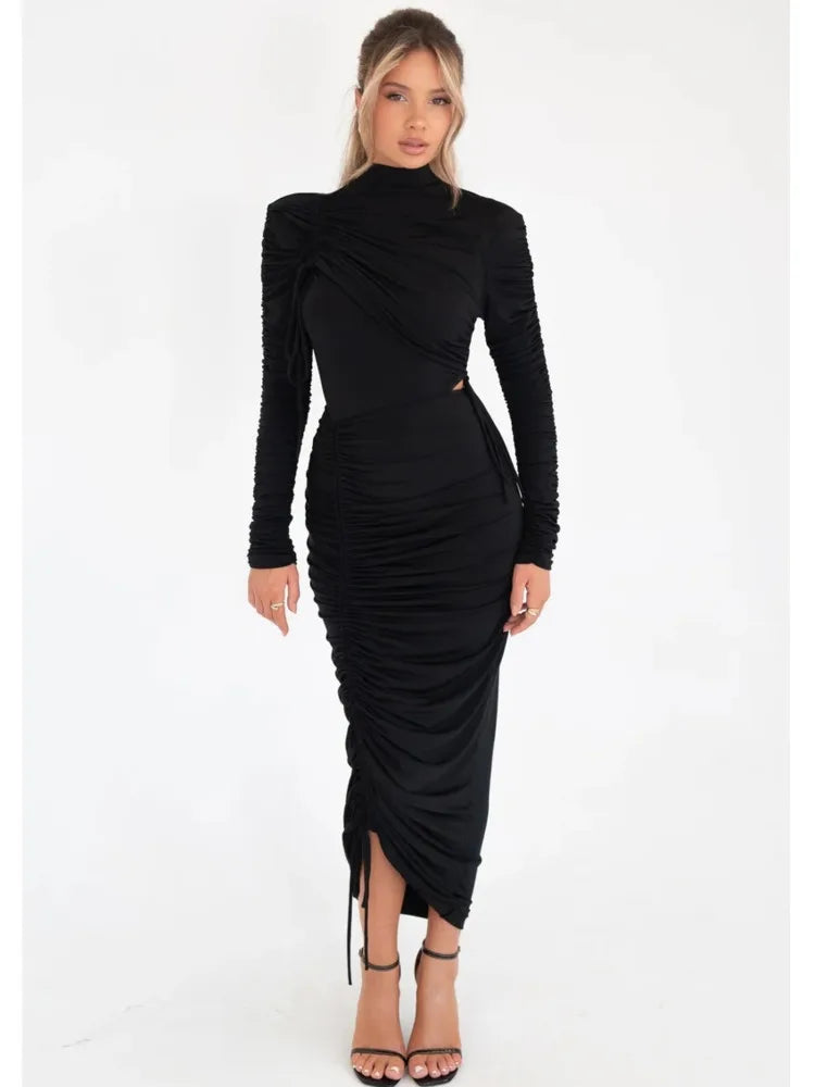 Elegant Long Sleeve Pleated Maxi Dress